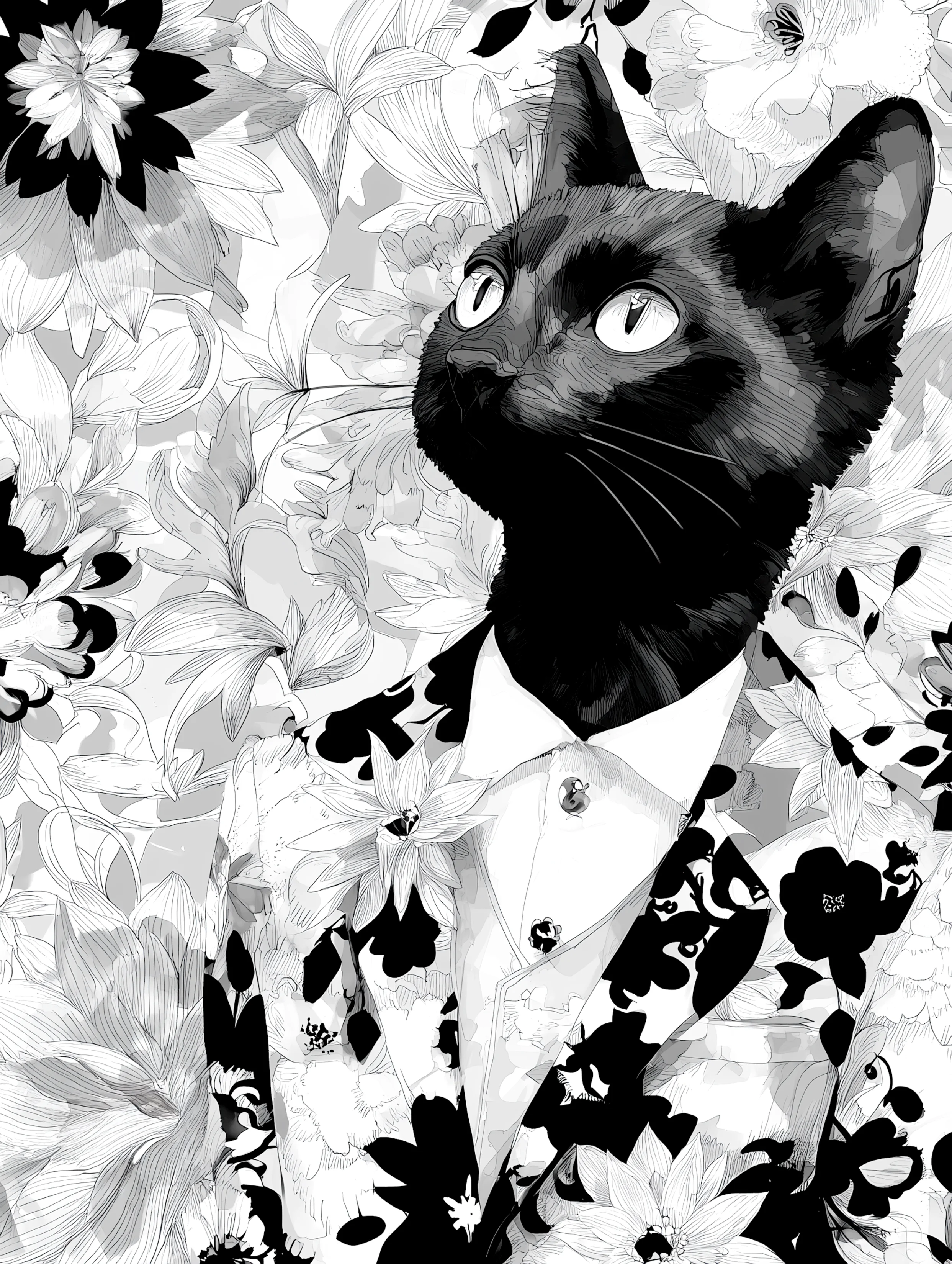 Free printable black cat coloring page for adults featuring suit wearing black cat